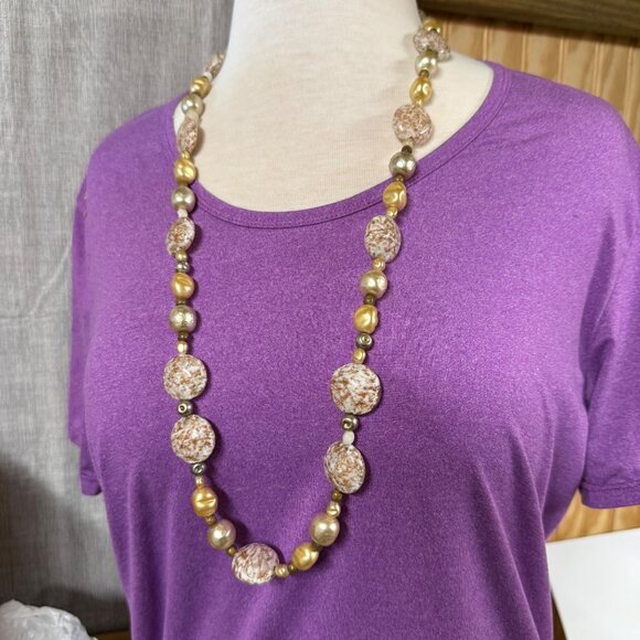 Gold Copper Speckled Long Beaded Necklace White Marble Effect Statement Beads - Picture 3 of 16